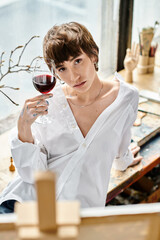 Stylish woman holding a glass of red wine.