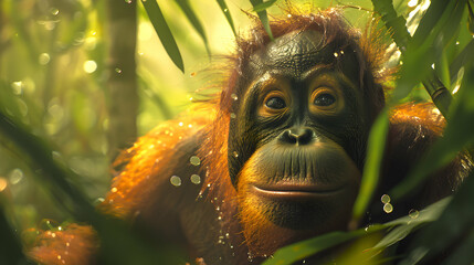 Photo realistic High resolution image of an orangutan in an oil palm plantation with glossy backdrop to highlight carbon emissions  deforestation impact on wildlife