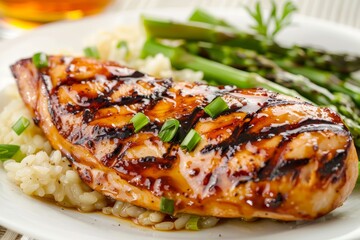 Grilled Chicken Breast with Balsamic Glaze and Fresh Asparagus on Dark Plate