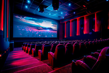Empty cinema hall with red seats and large screen.