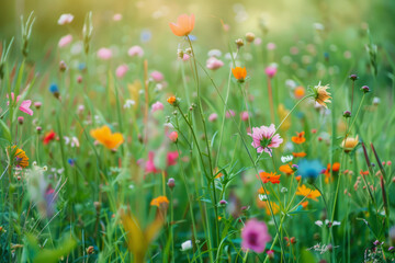 Vibrant wildflowers are blooming in summer meadow with green grass. Beautiful natural background © Lazy_Bear