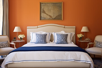 A tranquil bedroom featuring a soft apricot wall, a simple ivory bed, and a splash of royal blue in the decor, exuding a sense of calmness.