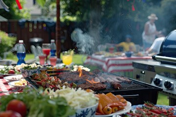 A backyard barbecue with friends and family, grill smoking with delicious food, red, white, and blue table settings, relaxed and happy atmosphere