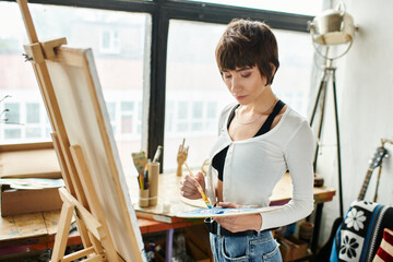 Woman paints at easel in garden.