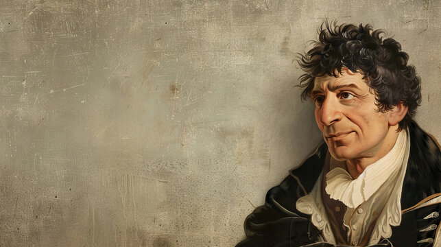 smiling Jean-Paul Marat on vintage style on plain background with copy space for bastille day.