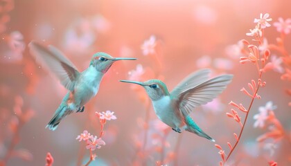 Fototapeta premium The detailed illustration features a pastel color palette and soft lighting, creating a mesmerizing and serene scene of these beautiful birds in their natural habitat