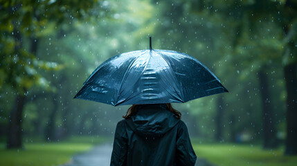 High Resolution Photo Realistic Image of Person in Raincoat and Umbrella Walking Through Park in Rain Shower With Glossy Backdrop Signifying Protection and Style in Rainy Season
