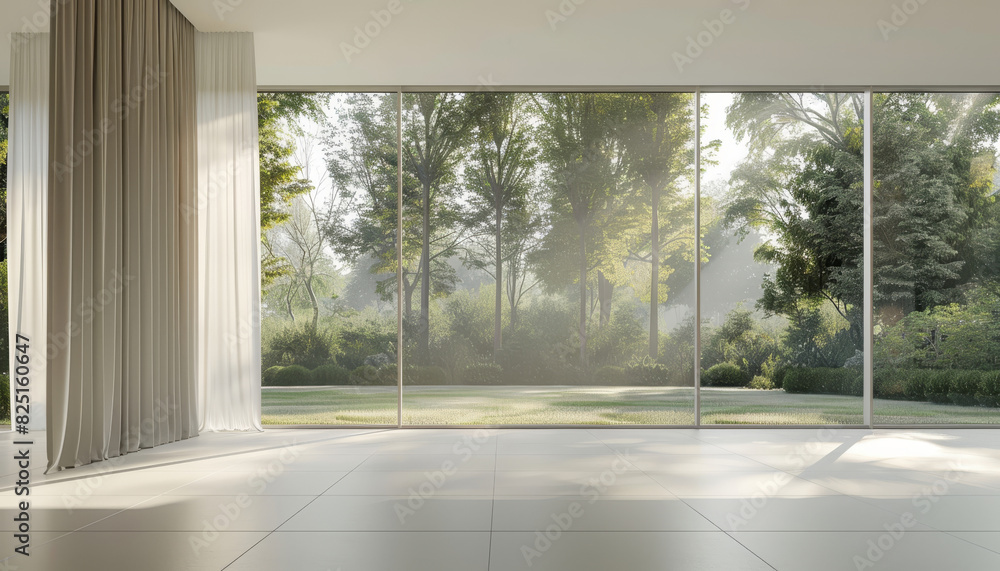 Poster empty room with a white wall and a large window with trees outside, having a light beige color theme