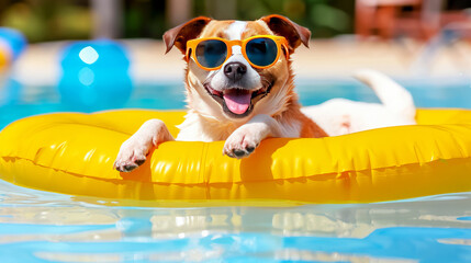 Happy dog wearing yellow sunglasses relaxing in a yellow floating ring on the water, showcasing a fun summer vacation at the beach or pool.