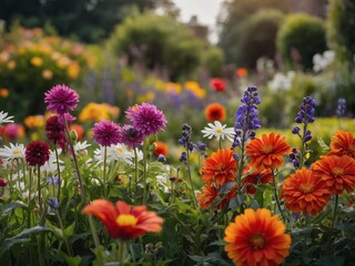 Artistic flower display in a morning English garden.