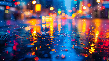 Photo realistic Rainy City Street: High Resolution Image with Colorful Lights and Reflections, Capturing Urban Rainy Season Essence