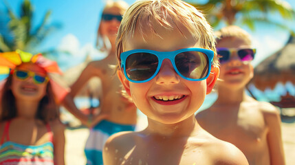 Four kids with colorful sunglasses enjoying a sunny day at the beach, with one boy in the foreground smiling broadly and palm trees in the background.