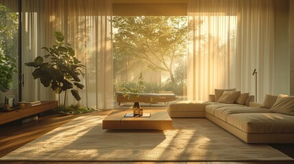 Fototapeta premium Modern Living Room Serenity: Plush Furniture and Dawn's Gentle Glow