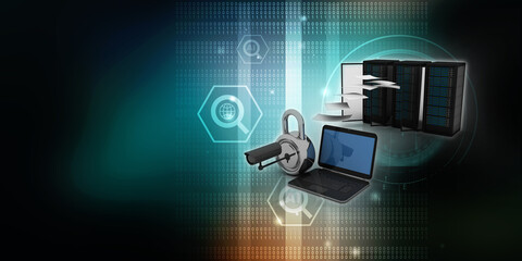 3d illustration Data center server data sharing laptop under cctv camera
