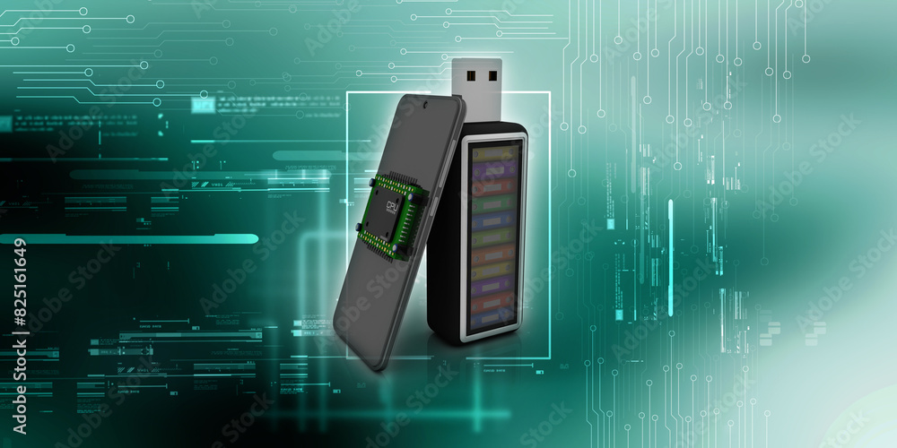 Aufkleber 3d rendering microchips on mobile phone search concept with office file in pen drive