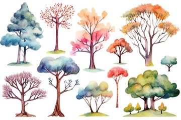 illustration watercolor autumn tree collection set, grungy texture aquarelle on white background