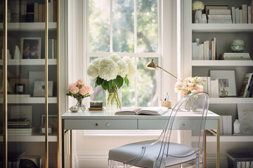 A tranquil home workspace adorned with a light-hued desk, a solid-color chair, and floating shelves displaying a vibrant collection of books and stylish decorative items.