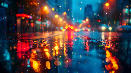Vibrant Rainy Street Night: High Res Image with Colorful Reflections and Lights Capturing the Atmosphere of Rainy Season on Glossy Backdrop   Stock Photo Concept