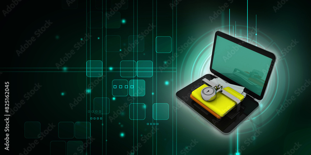 Poster 3d rendering yellow folder and lock on laptop. data security concept