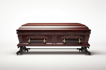 Coffin on white background. Topics related to death. Obituary. Funeral. Funeral. Burial ceremony. Death of a celebrity, death anniversary,