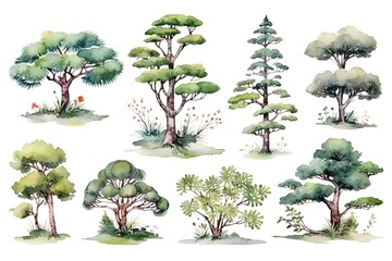 illustration watercolor tree collection set, grungy texture aquarelle on white background