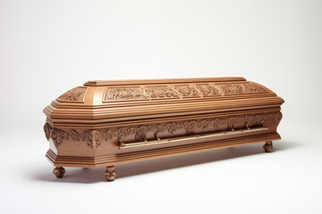 Coffin on white background. Topics related to death. Obituary. Funeral. Funeral. Burial ceremony. Death of a celebrity, death anniversary,
