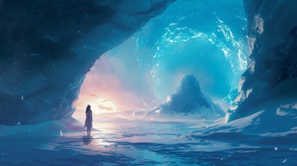 At the entrance of the Big Four Ice Caves, a girl gazes up at the towering ice formations, awestruck by their sheer size and majesty. 