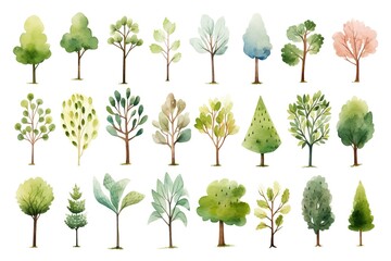 Fototapeta premium illustration watercolor tree collection set, grungy texture aquarelle on white background
