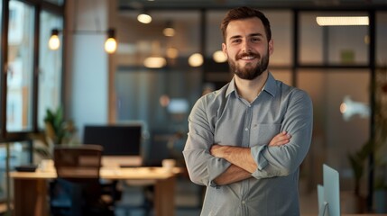 Obraz premium Portrait of young handsome smiling business guy wearing gray shirt and glasses, feeling confident with crossed arms, isolated on white background