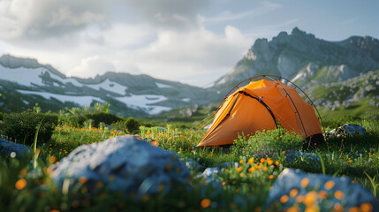 Glossy backdrop tent set up in mountain meadow   High resolution image showcasing simplicity  beauty of camping while backpacking, perfect for Photo Stock