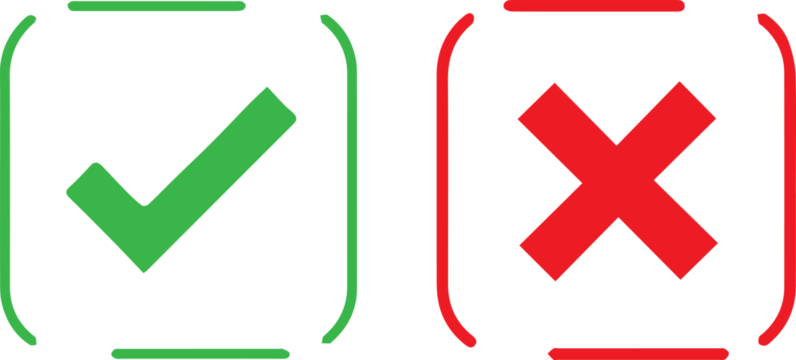 Green checkmark tick and red X icons.	