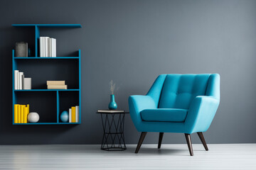 A vibrant cerulean accent chair against a sleek grey rug, surrounded by sleek white shelves displaying modern decor, an empty white frame mockup fixed on the wall.
