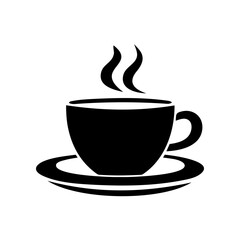 A black and white coffee cup with steam rising from it