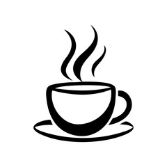 A black and white coffee cup with steam rising from it