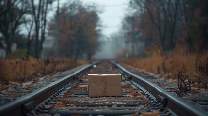 Brown cardboard box on railroad tracks in autumn forest