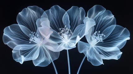 X-ray scan of a bouquet of flowers, displaying the stems, petals, and internal structures of each bloom.