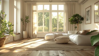 Bright and airy living room with large windows, a comfortable sofa, and stylish furniture. The perfect place to relax and unwind.