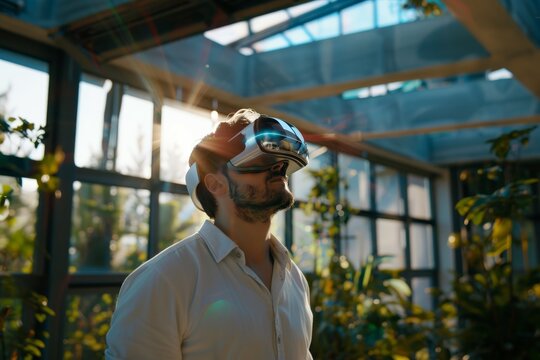 Man wearing futuristic VR headset, exploring virtual reality while at work in a greenhouse on a sunny day during summer. Innovative technologies, artificial intelligence  - Powered by Adobe