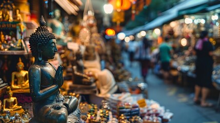 A Tired Traveler Finds Comfort in a Buddha Amulet from a Vibrant Market Stall
