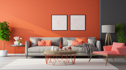 A vibrant coral accent wall behind a modern grey sofa set, featuring a glass-topped coffee table and a blank empty white frame mockup.