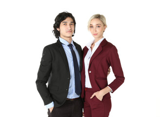 Successful business couple wear suits  standing on isolated background