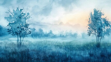 tranquil foggy grassland with trees at serene sunrise misty meadow landscape watercolor