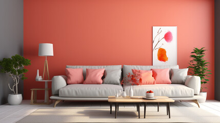 A vibrant coral accent wall behind a modern grey sofa set, featuring a glass-topped coffee table and a blank empty white frame mockup.