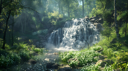 Tranquil Waterfall on Forest Trail: High Res Image of Nature s Beauty for Backpacking Concept