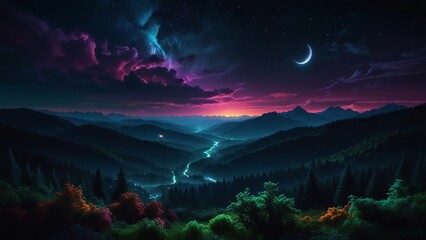 Naklejka premium mountains with a very beautiful and peaceful moon