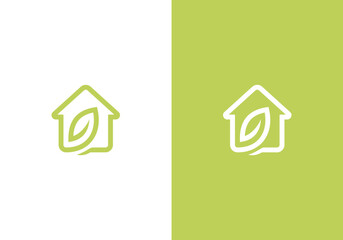 line art natural house logo house vector design with green leaves, abstract leaf logo symbol inside house design