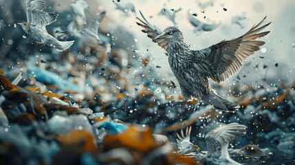Photo realistic Animal rescue team freeing birds from plastic waste with glossy backdrop, showcasing human efforts to support avian species affected by pollution   High resolution 