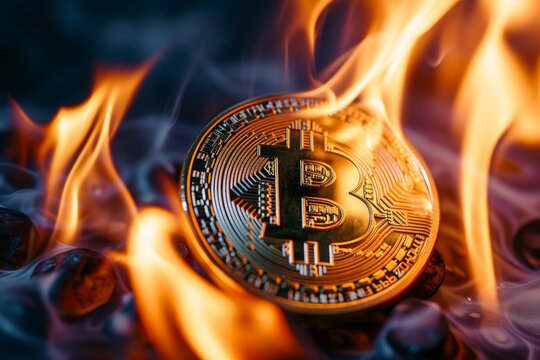 Vivid image of a bitcoin engulfed in dramatic flames, symbolizing market volatility