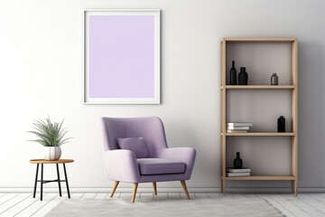 A vibrant lavender accent chair paired with a charcoal grey rug, flanked by minimalist white shelves holding modern decor, an empty white frame mockup on the wall.