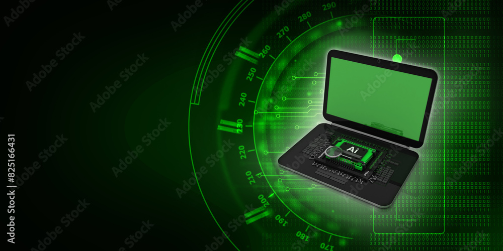 Poster 3d render laptop computer with microchips